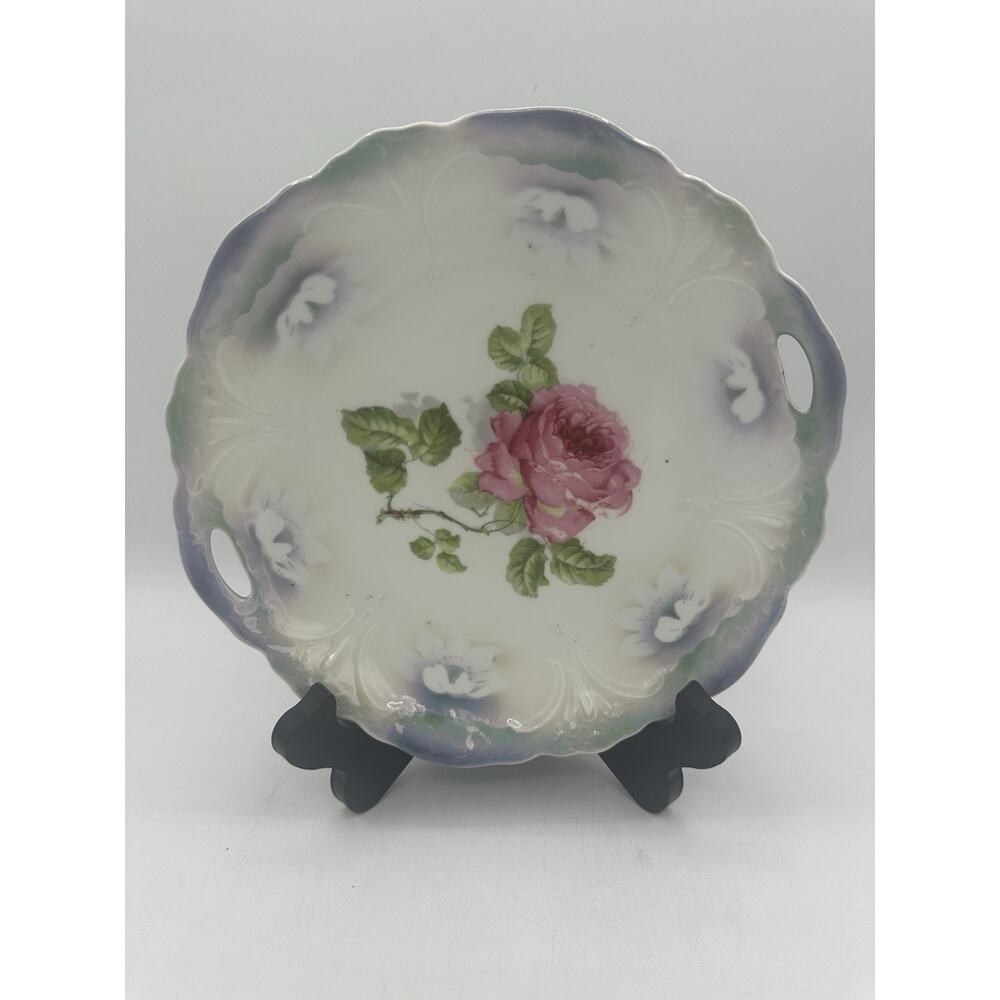Vintage Blue Bavaria Edwardian Gremany Scalloped Two Handle Cake Plate Rose MCM